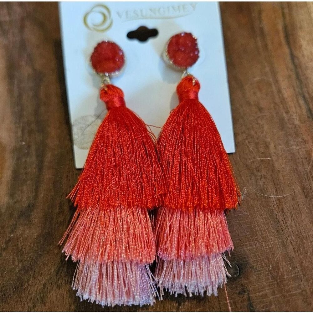 Red Pink Ombre Tiered Tassel Statement Earrings Boho Boutique